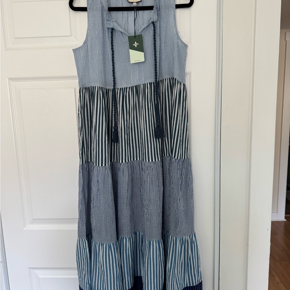 Striped Blue and White Sleeveless Maxi Dress